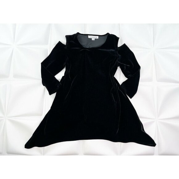 Caroline Rose Women Sz XS Black Stretch Velvet Cold Shoulder Flared Tunic Blouse - Picture 8 of 8